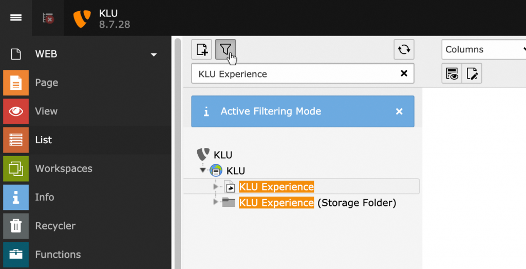 Page tree filter