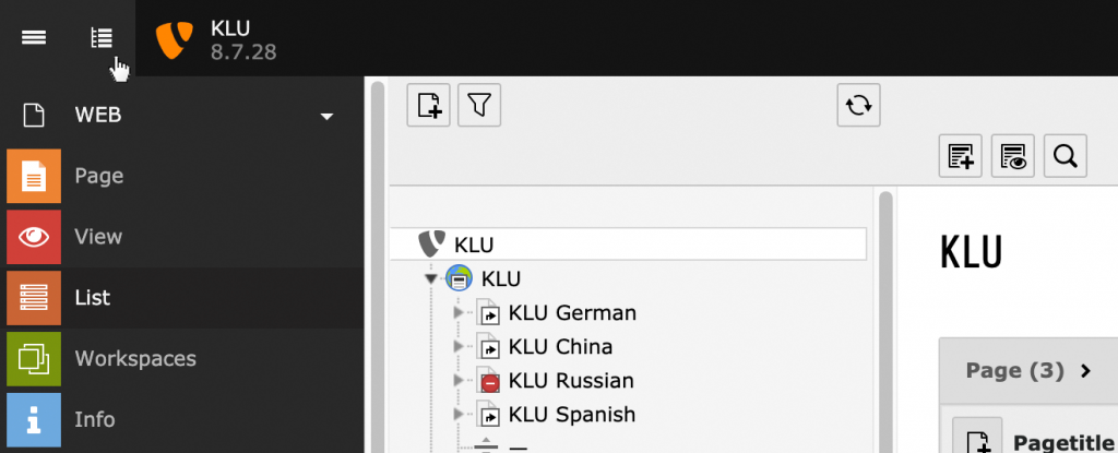 Icons in top bar and the page tree